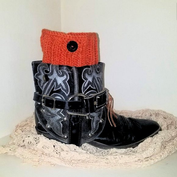 Fingerless Gloves Boot Cuffs & Twist Headband Set Hand Knit Pumpkin Burnt Orange - Picture 6 of 9